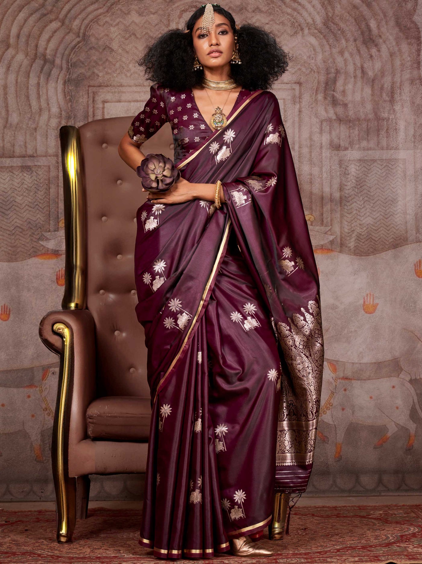 Dark Wine Banarasi Pure Satin Silk Saree Handloom Weave with Floral Gold Zari Work