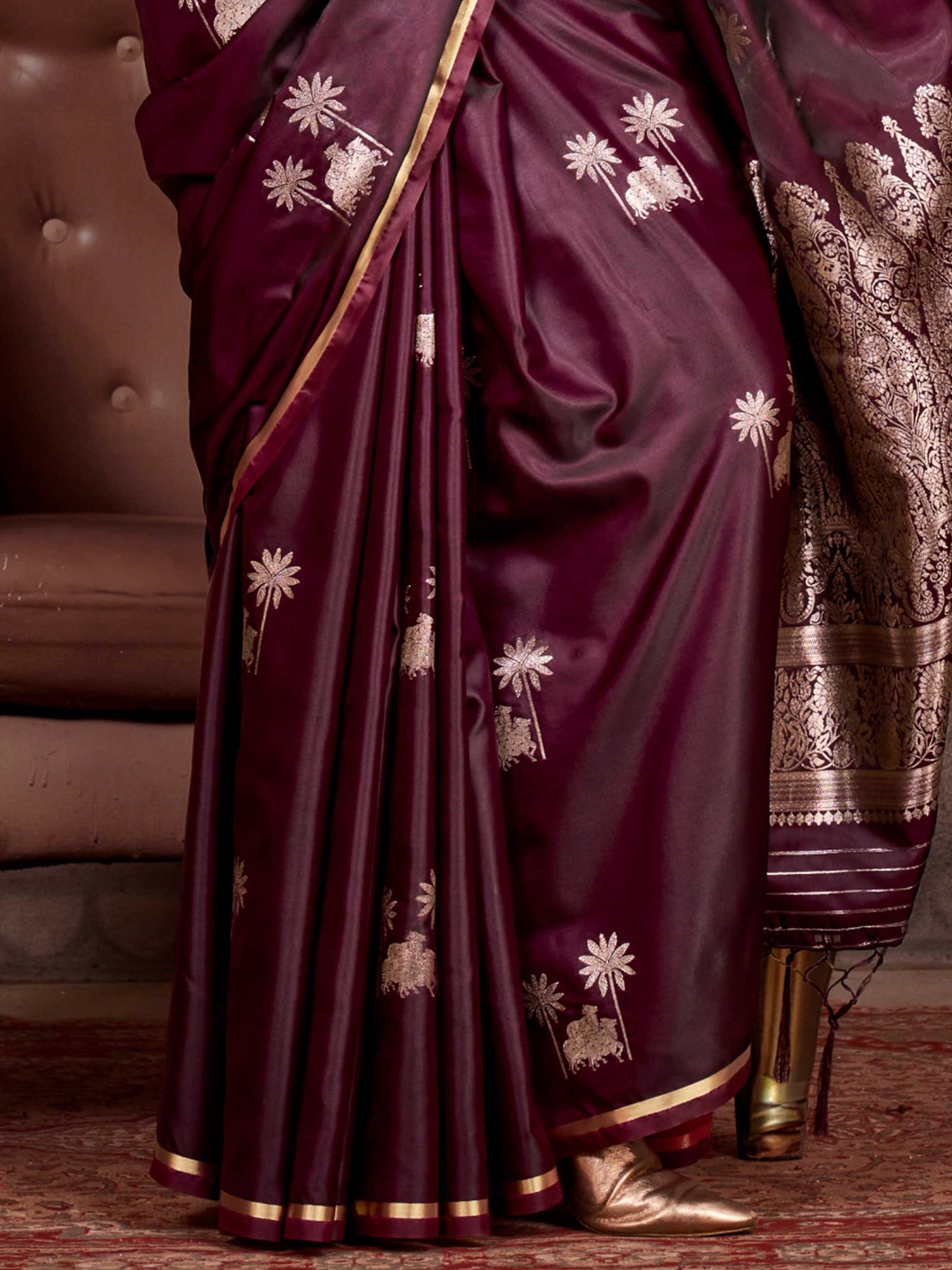 Dark Wine Banarasi Pure Satin Silk Saree Handloom Weave with Floral Gold Zari Work