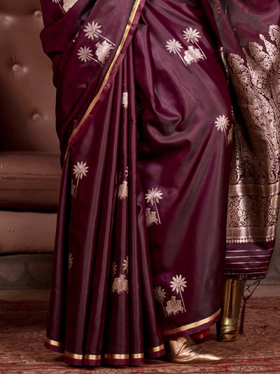 Dark Wine Banarasi Pure Satin Silk Saree Handloom Weave with Floral Gold Zari Work