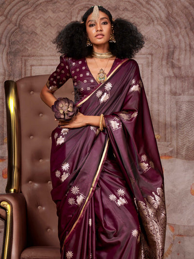 Dark Wine Banarasi Pure Satin Silk Saree Handloom Weave with Floral Gold Zari Work