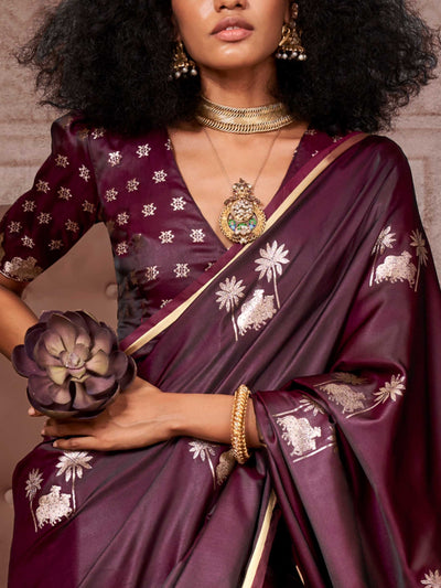 Dark Wine Banarasi Pure Satin Silk Saree Handloom Weave with Floral Gold Zari Work