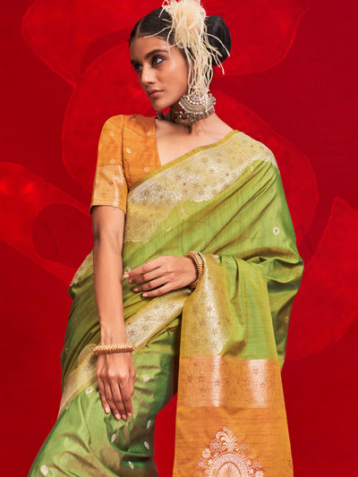 Green Tussar Silk Handloom Saree with Contrast Ikkat Pallu – Traditional Festive Wear