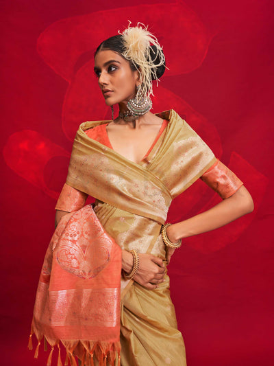 Beige Tussar Silk Handloom Saree with Peach Ikkat Pallu – Elegant Wedding Drape