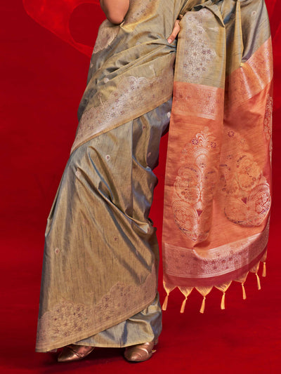 Steel Grey Tussar Silk Handloom Saree with Peach Ikkat Pallu – Designer Handwoven Luxury