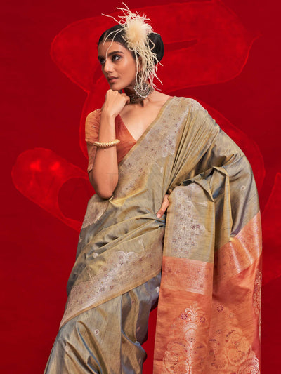 Steel Grey Tussar Silk Handloom Saree with Peach Ikkat Pallu – Designer Handwoven Luxury