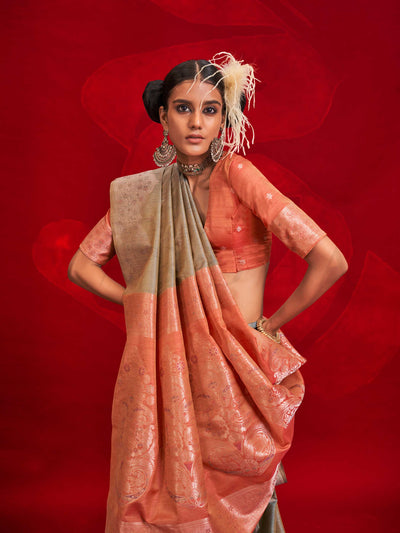 Steel Grey Tussar Silk Handloom Saree with Peach Ikkat Pallu – Designer Handwoven Luxury