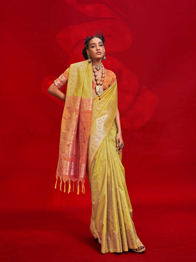 Mustard Yellow Tussar Silk Handloom Saree with Gold Ikkat Pallu – Royal Ethnic Drape