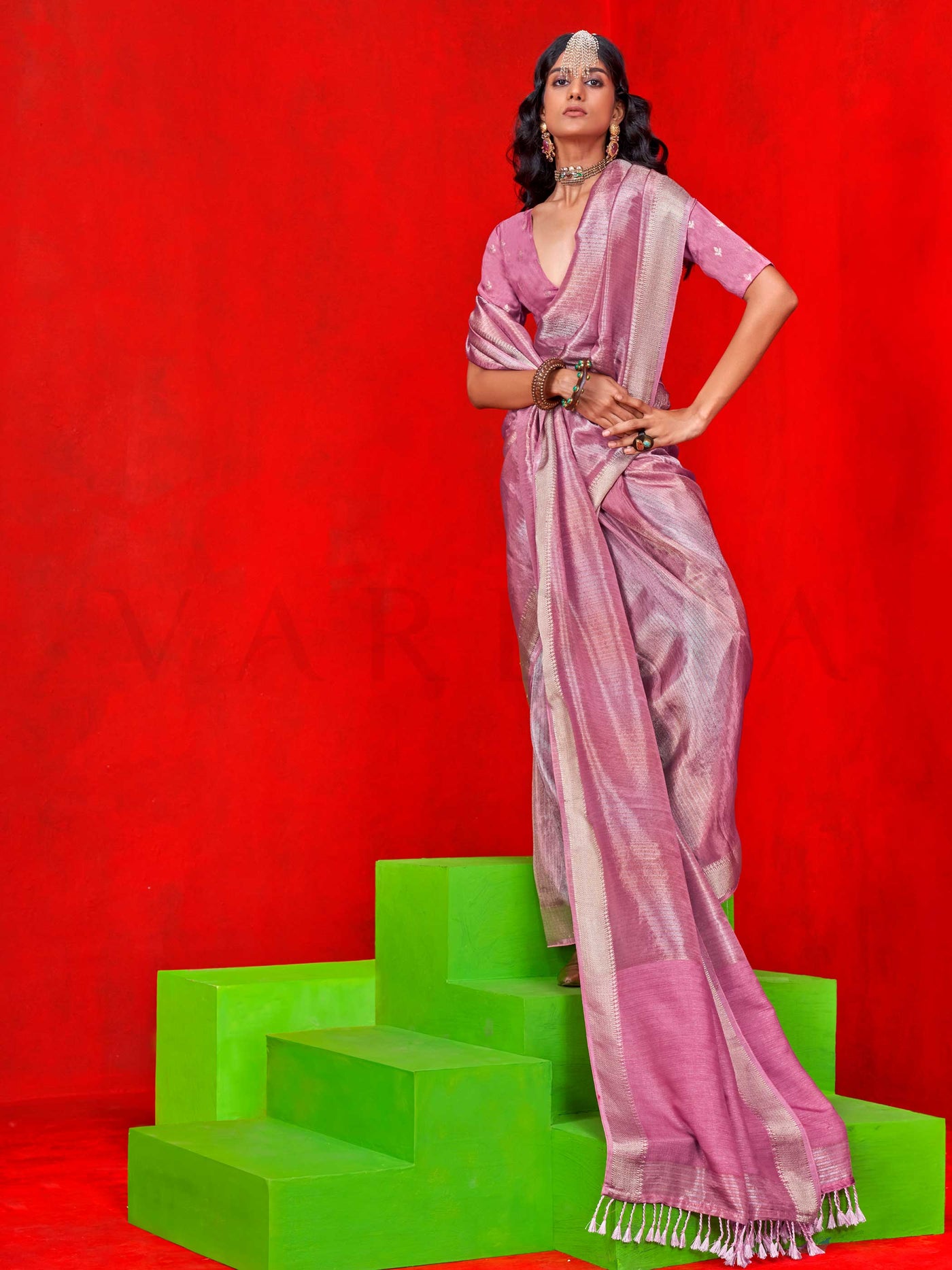 Rose Pink Pure Viscose Zari Tissue Handloom Saree with Jacquard Blouse – Festive Wear Elegance