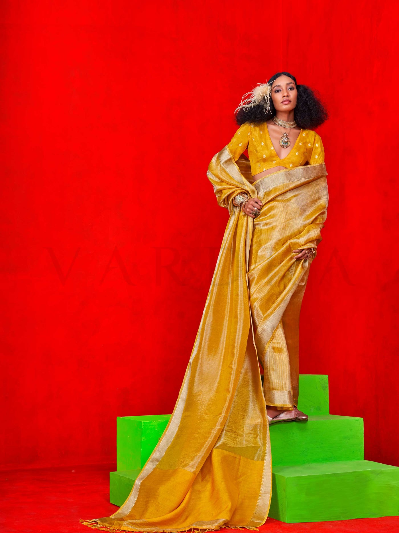 Mustard Gold Pure Viscose Zari Tissue Handloom Saree with Contrast Blouse – Heritage Grand Wear