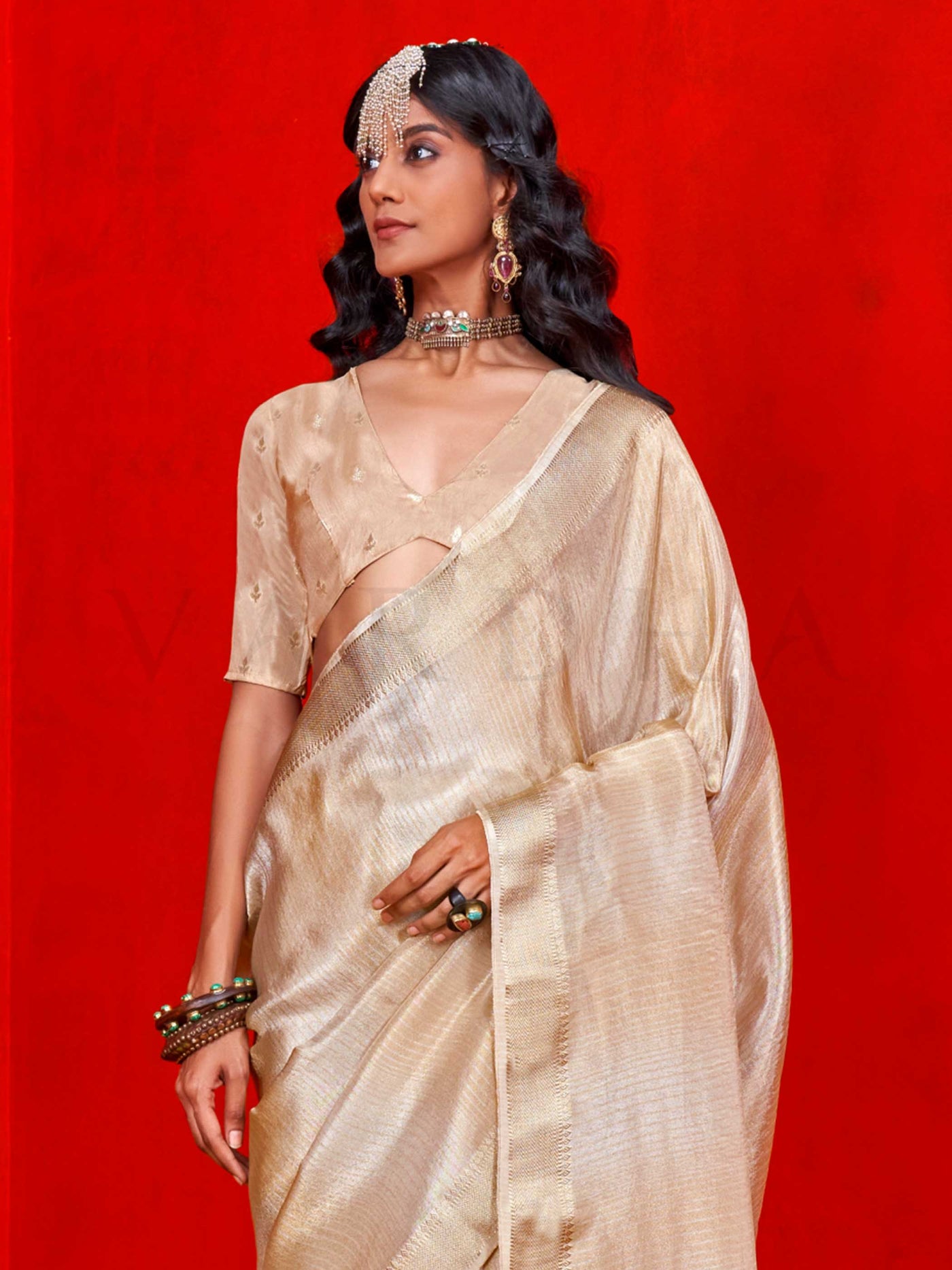 Ivory Cream Pure Viscose Zari Tissue Handloom Saree with Textured Weave Designer Ethnic Drape