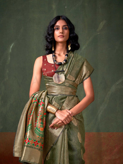 Green Banarasi Handloom Saree with Zari Tissue Work – Traditional Elegance