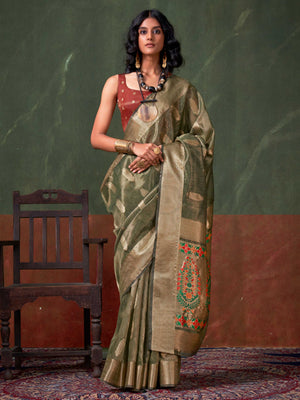 Korra Signature Paithani Zari Tissue Saree – Handloom Weaving for Weddings & Festive Wear, Elevate your ethnic look with the Korra Signature Paithani Zari Tissue Saree. A masterpiece in handloom weaving, featuring luxurious zari work & a rich pallu. Ideal for weddings & special occasions.