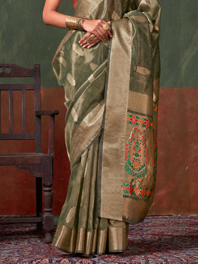 Green Banarasi Handloom Saree with Zari Tissue Work – Traditional Elegance