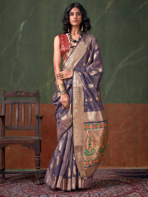 Korra Signature Paithani Zari Tissue Saree – Handloom Weaving for Weddings & Festive Wear, Elevate your ethnic look with the Korra Signature Paithani Zari Tissue Saree. A masterpiece in handloom weaving, featuring luxurious zari work & a rich pallu. Ideal for weddings & special occasions.