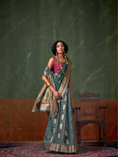 Teal Blue Banarasi Handloom Saree with Zari Tissue Work – Grand Occasion Wear