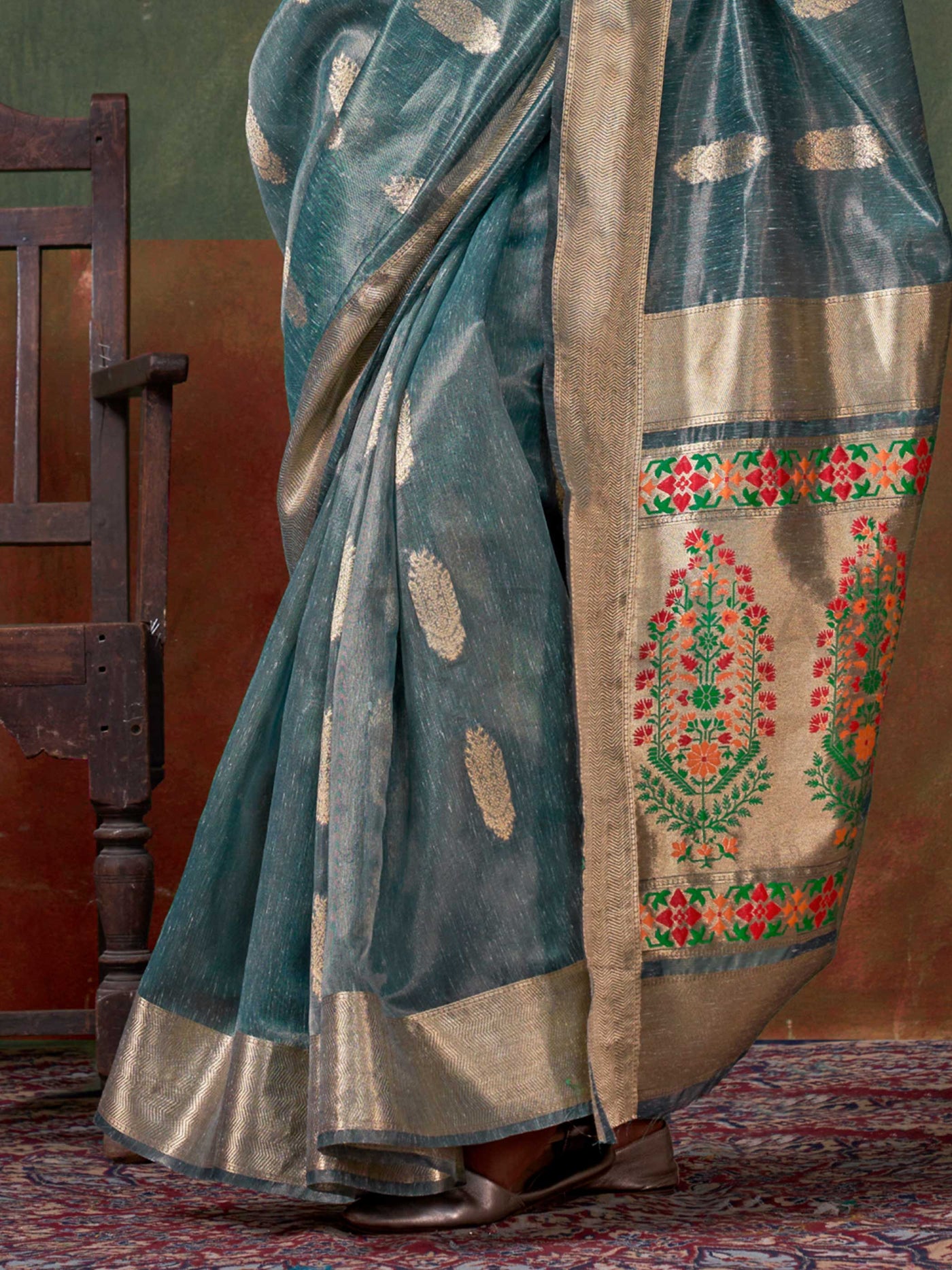 Teal Blue Banarasi Handloom Saree with Zari Tissue Work – Grand Occasion Wear