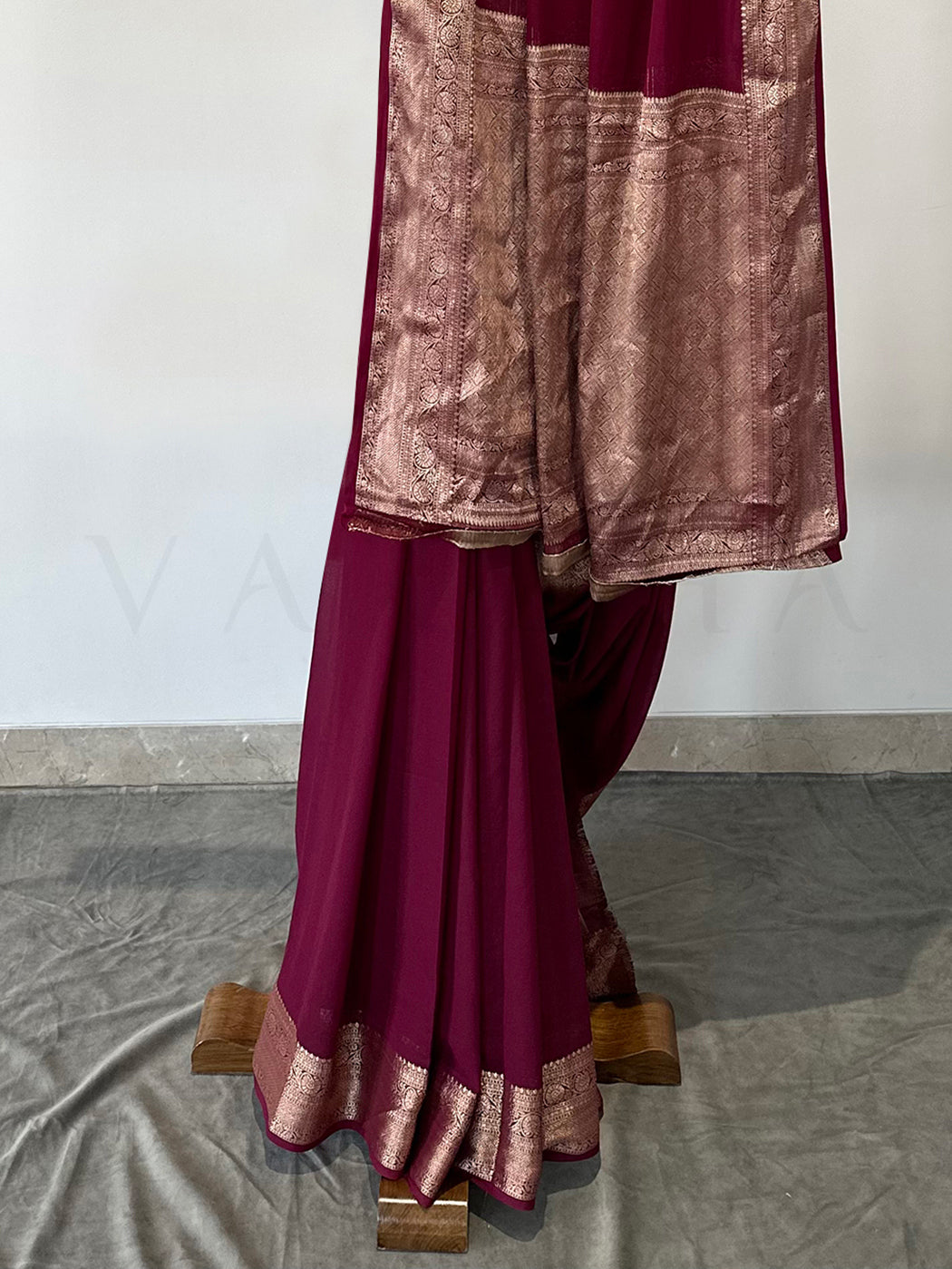 Premium Wine Georgette Feather Soft Saree with Gold Zari Work