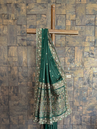 Emerald Green Banarasi Jamawar Satin Silk Saree With Handwork Embroidery Buttis