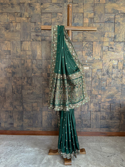 Emerald Green Banarasi Jamawar Satin Silk Saree With Handwork Embroidery Buttis