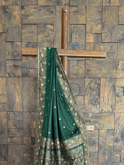 Emerald Green Banarasi Jamawar Satin Silk Saree With Handwork Embroidery Buttis