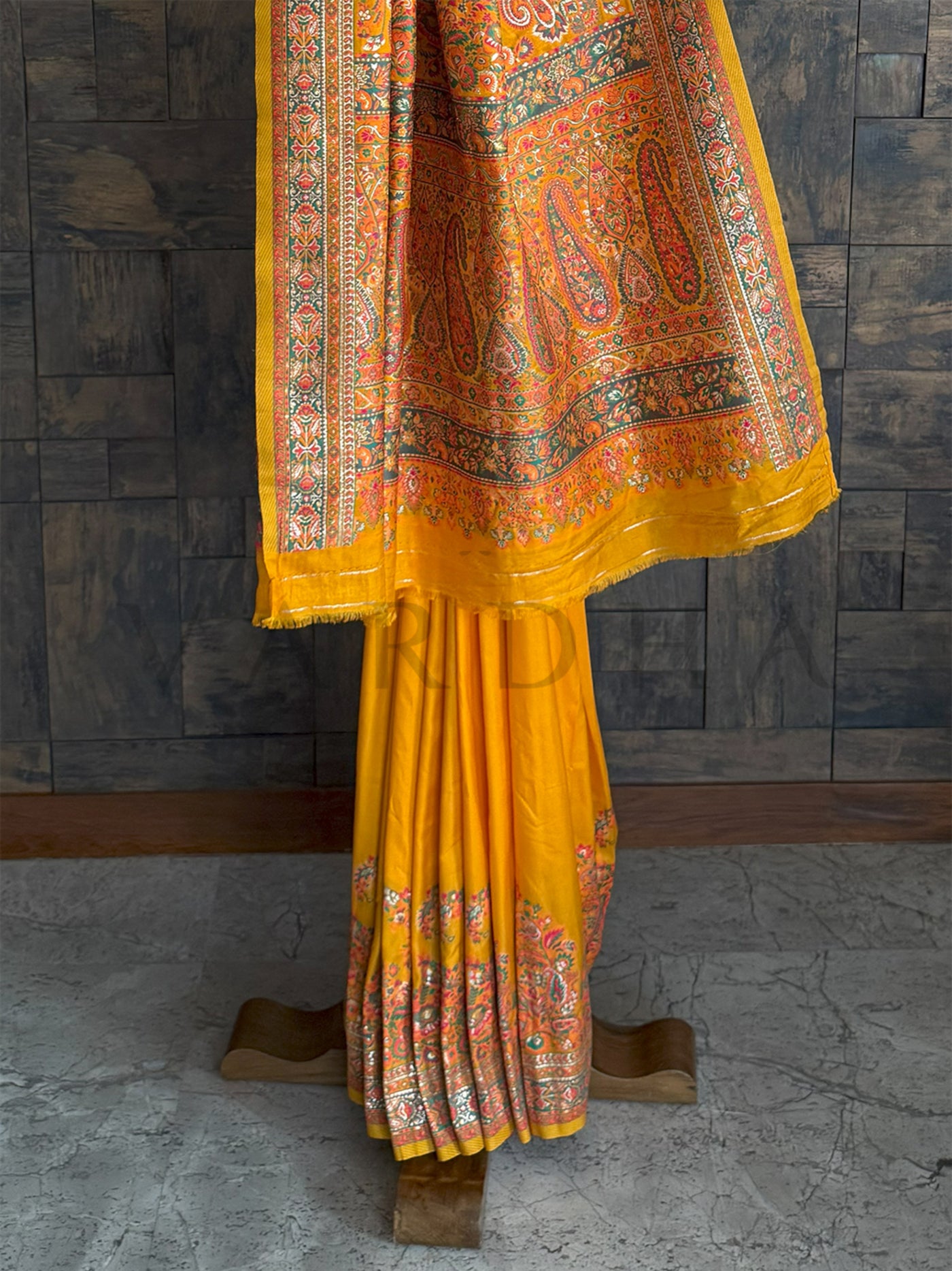 Mustard-Yellow Pashmina Raw Silk Saree with Exquisite Thread Work Embossed