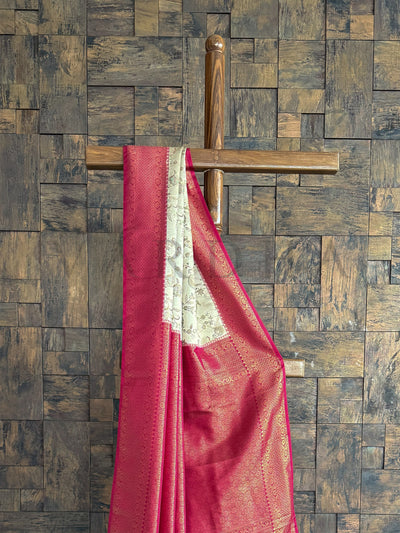 Rani-Cream Woven Kalamkari Traditional Silk Saree with Intricate Zari Work