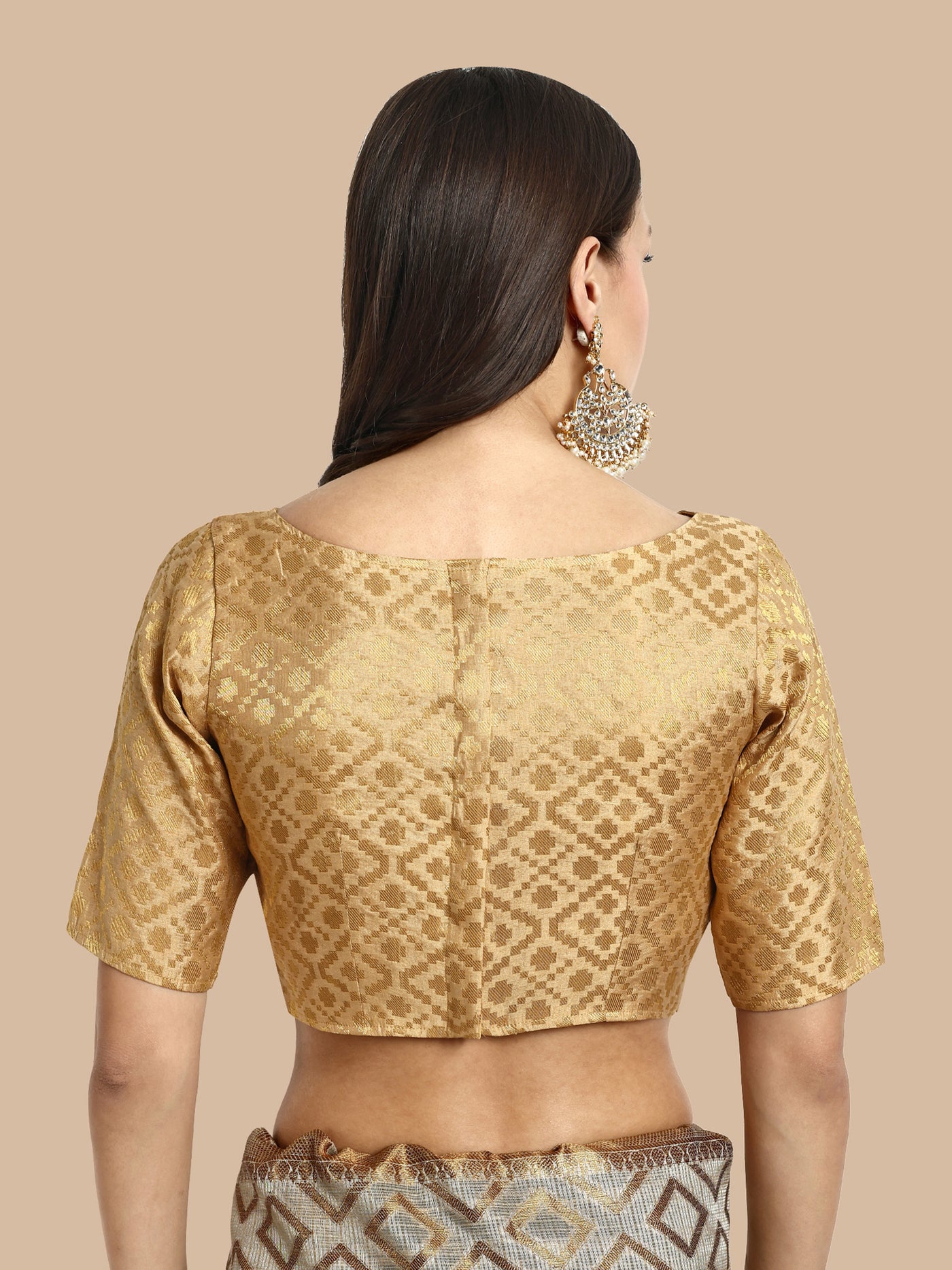 Beige Boat Neck Brocade Blouse