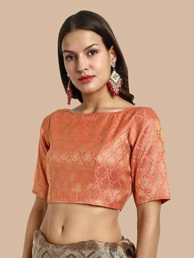 Peach Boat Neck Brocade Blouse