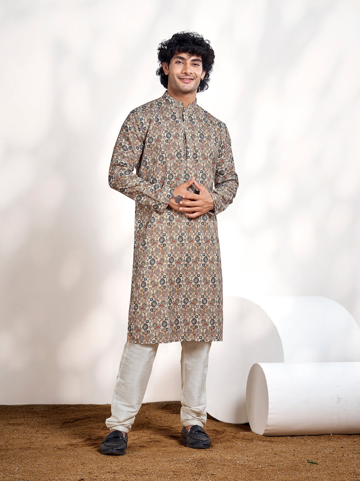 Beige Shibori Dyed Printed Men's Kurta