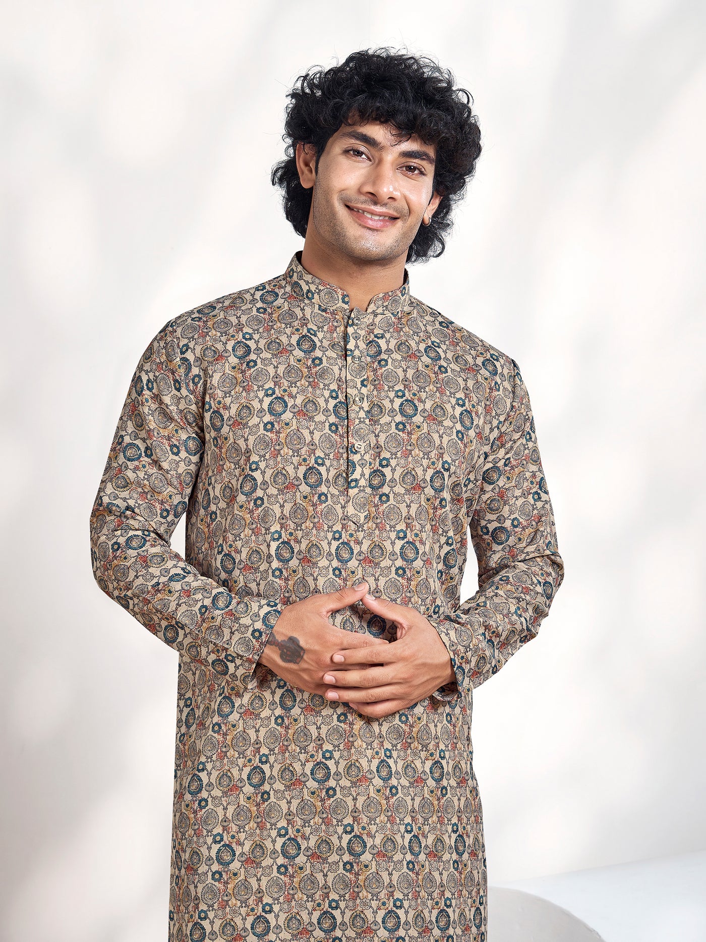 Beige Shibori Dyed Printed Men's Kurta