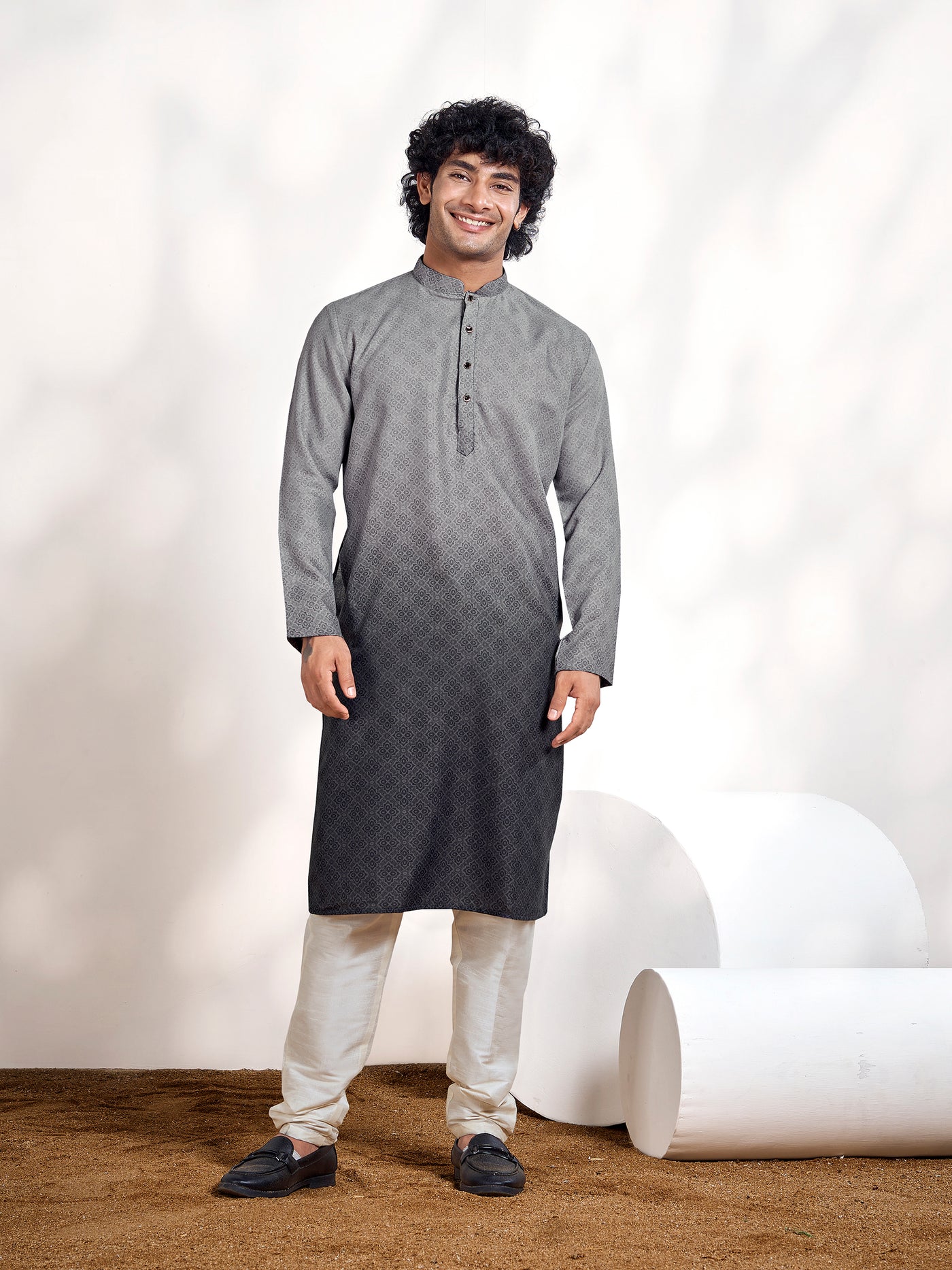 Cloud Grey Moroccan Pattern Print Shaded Men's Kurta