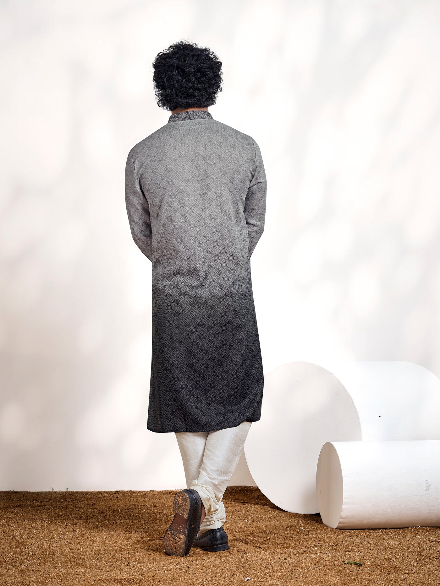 Cloud Grey Moroccan Pattern Print Shaded Men's Kurta