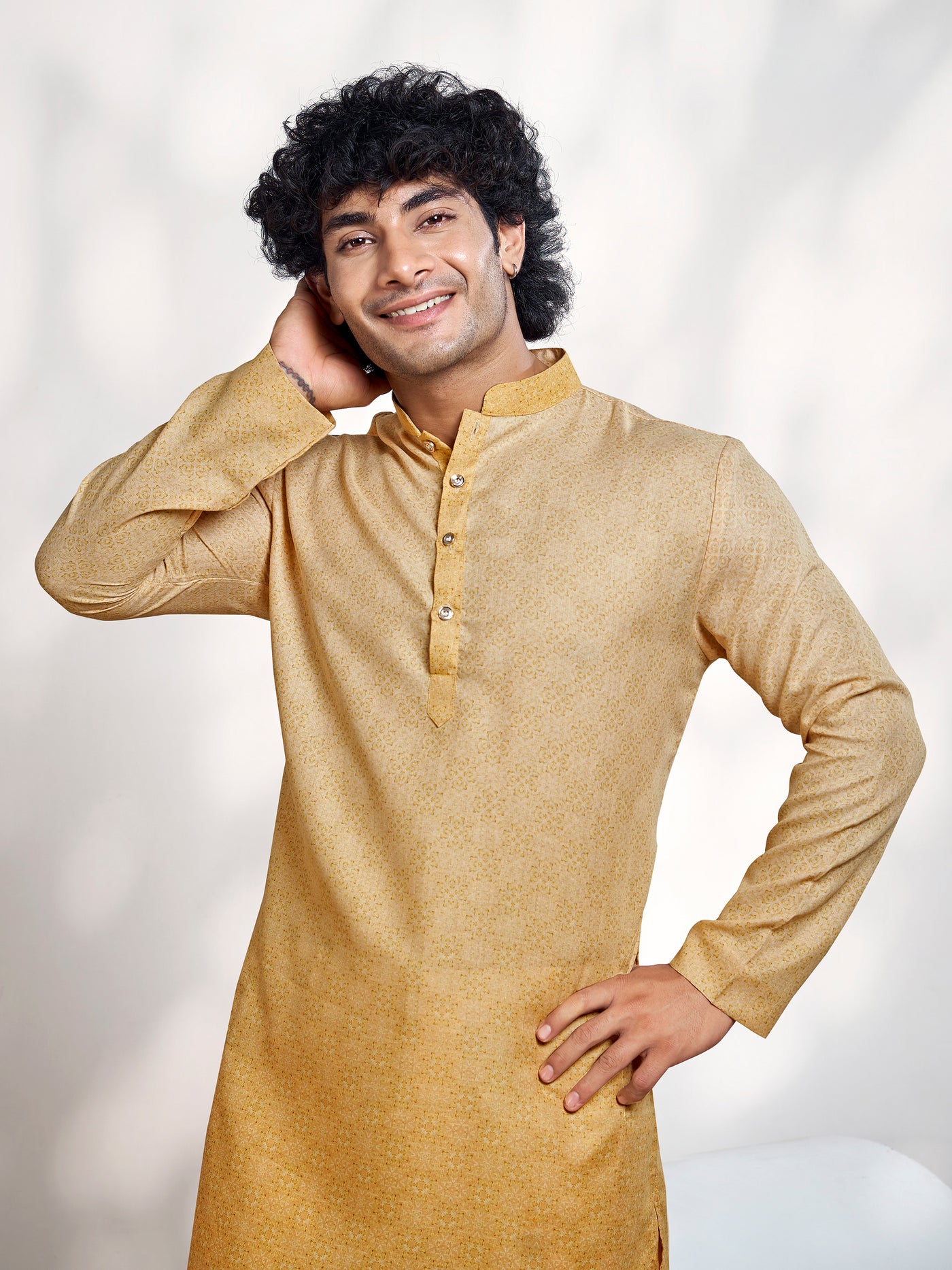 Fawn Yellow Moroccan Pattern Print Shaded Men's Kurta