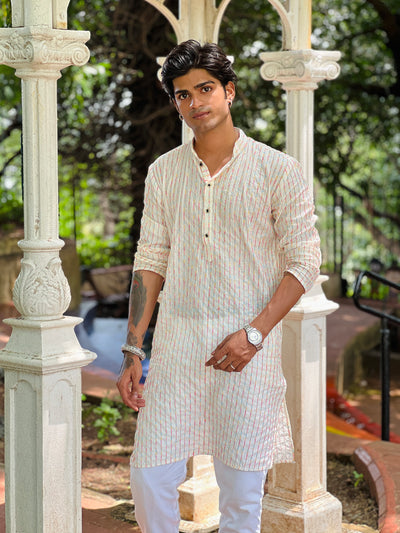 White Viscose Sequence Thread Work Men's Kurta