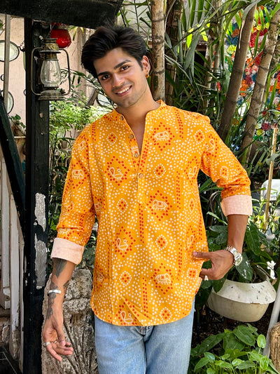 Yellow Printed Men's Short Kurta