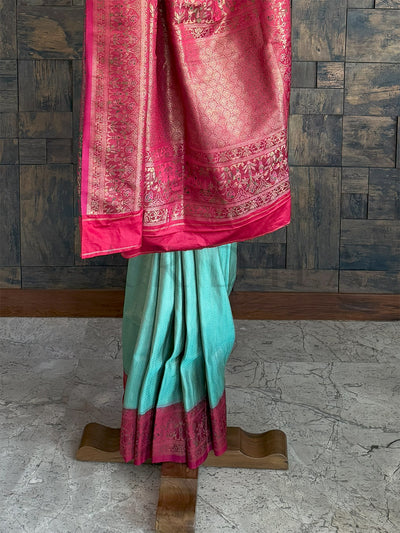 Seagreen-Rani Woven Kalamkari Traditional Tissue Silk Saree with Intricate Zari Work