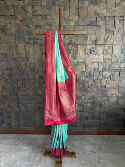 Seagreen-Rani Woven Kalamkari Traditional Tissue Silk Saree with Intricate Zari Work