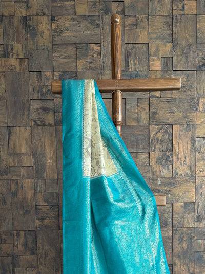 Rama Blue-Cream Woven Kalamkari Traditional Silk Saree with Intricate Zari Work