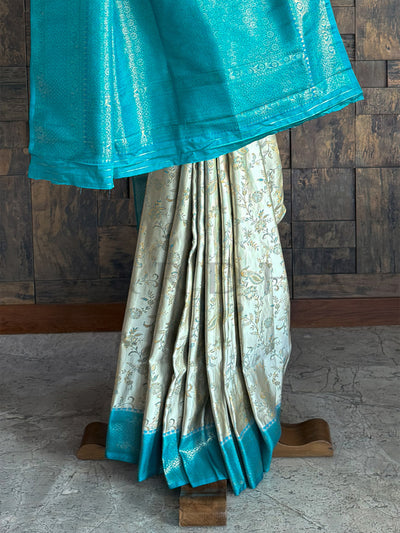 Rama Blue-Cream Woven Kalamkari Traditional Art Silk Saree with Intricate Zari Work