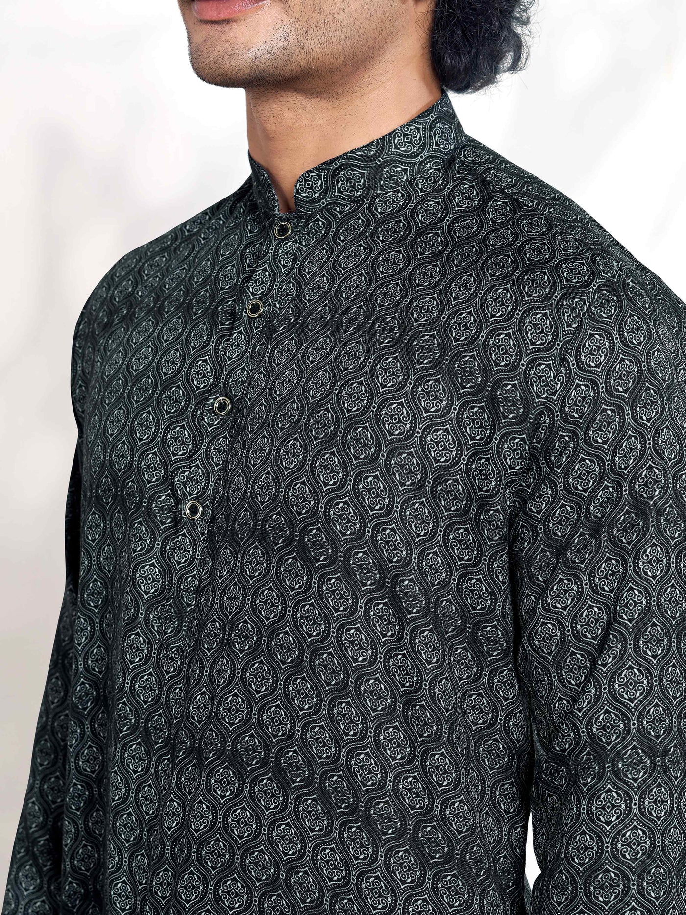 Coal Black Ogee Pattern Digital Print Men's Kurta