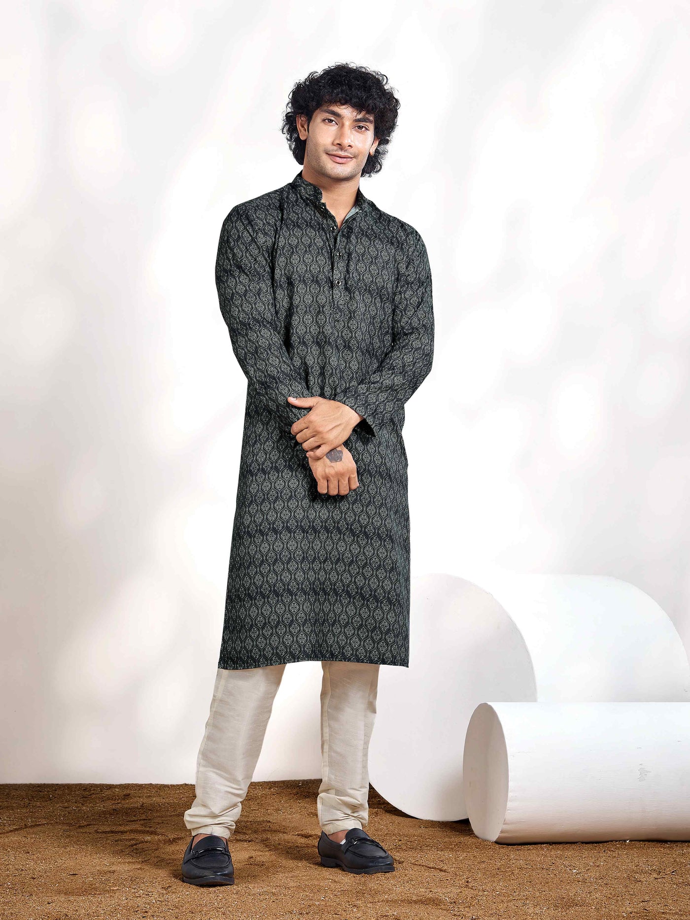 Coal Black Ogee Pattern Digital Print Men's Kurta