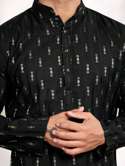 Coal Black Linear Striped & Diamond Viscose Woven Jacquard Men's Kurta