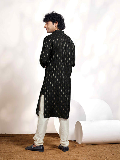 Coal Black Linear Striped & Diamond Viscose Woven Jacquard Men's Kurta