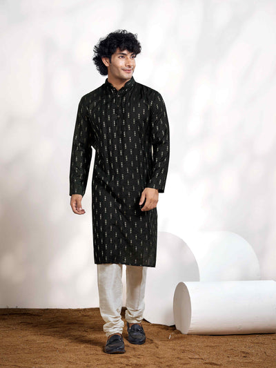 Coal Black Linear Striped & Diamond Viscose Woven Jacquard Men's Kurta