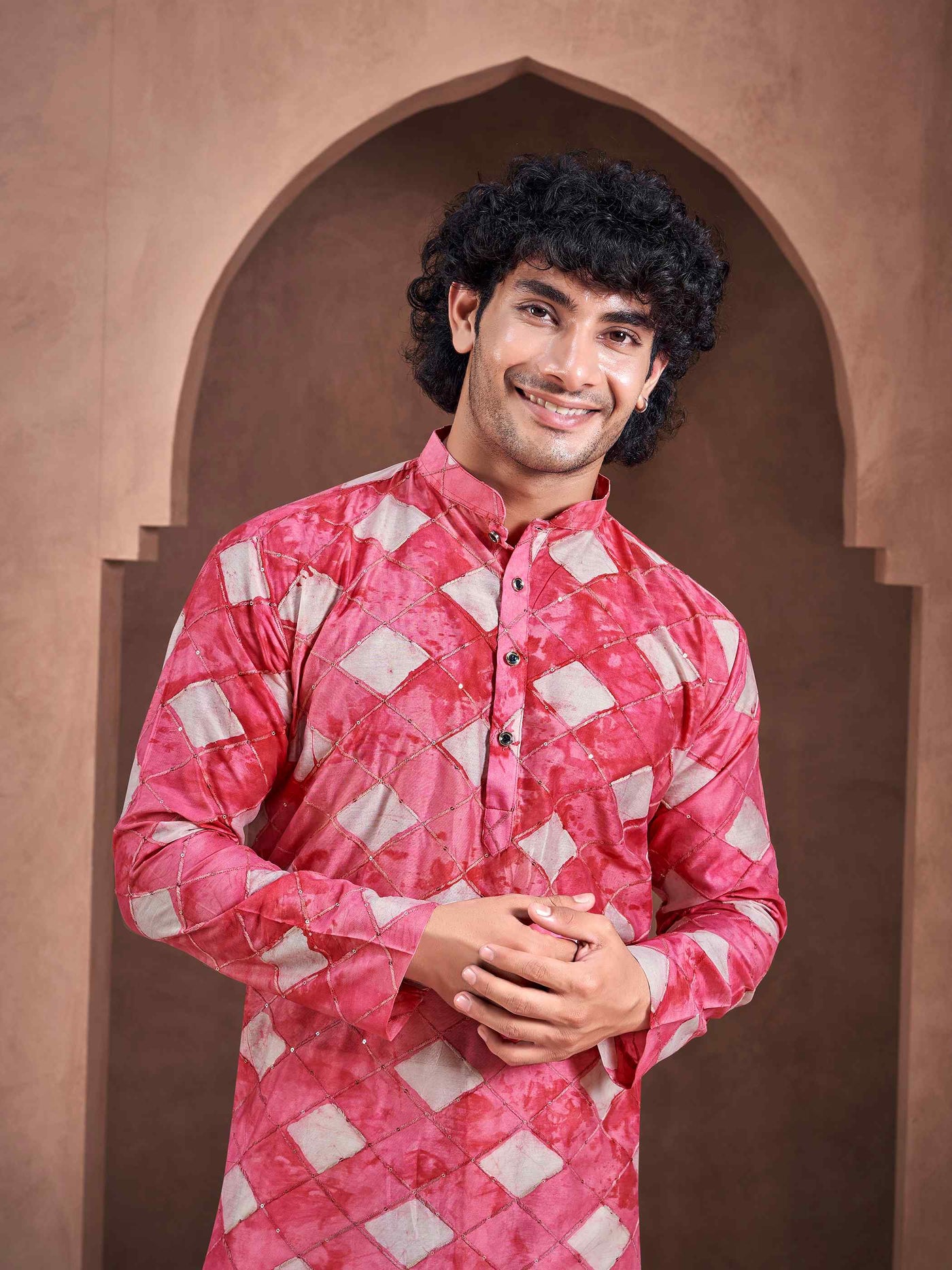 Pink Viscose Sequence Shibori Dyed Men's Kurta