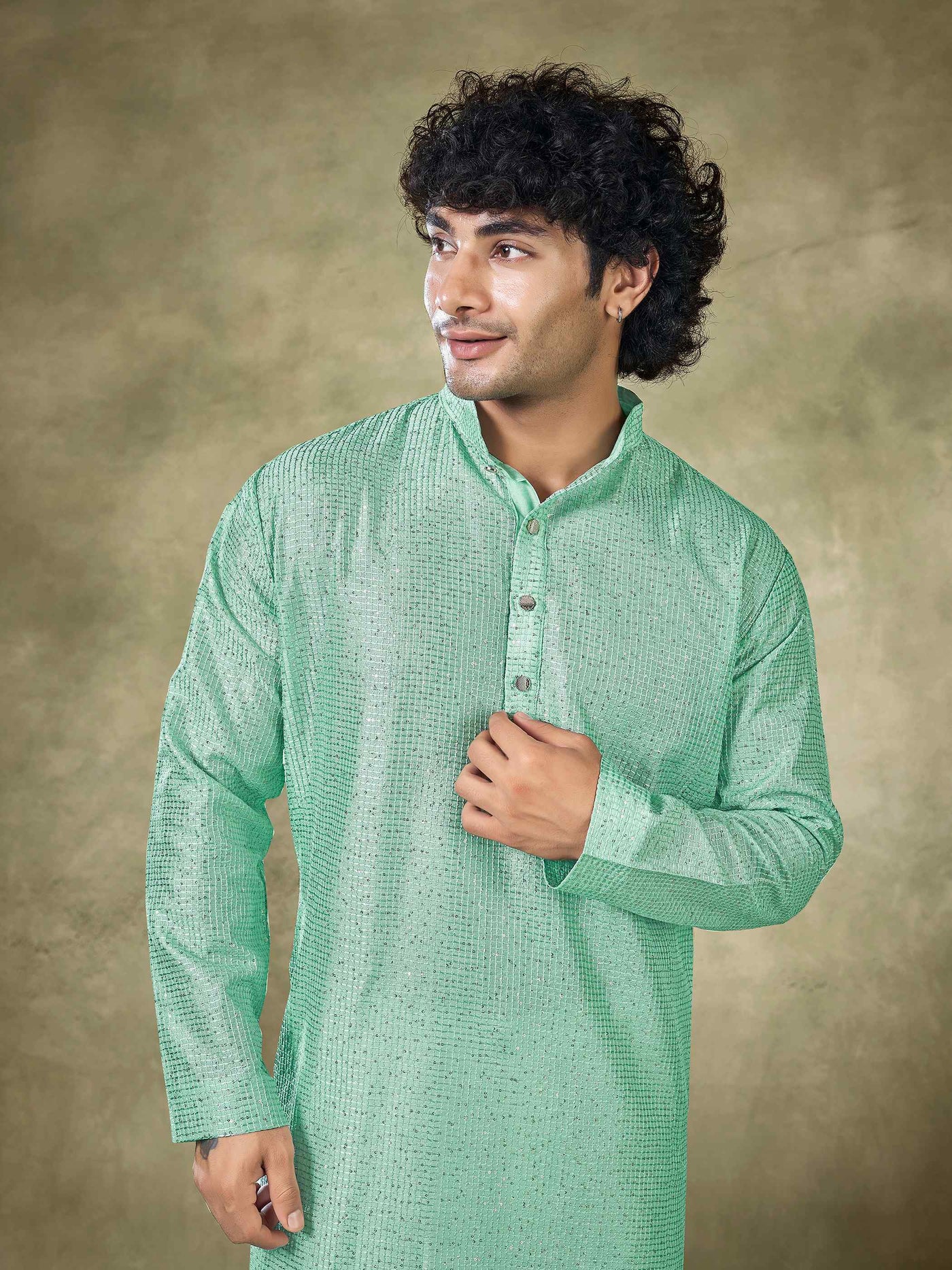 Green Viscose Sequence Traditional Men's Kurta