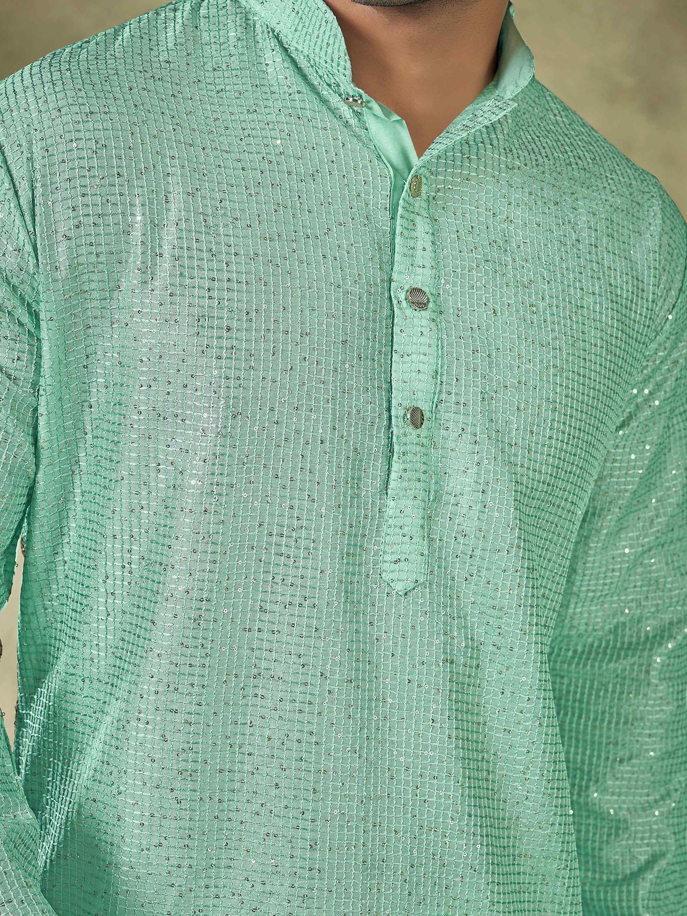 Green Viscose Sequence Traditional Men's Kurta