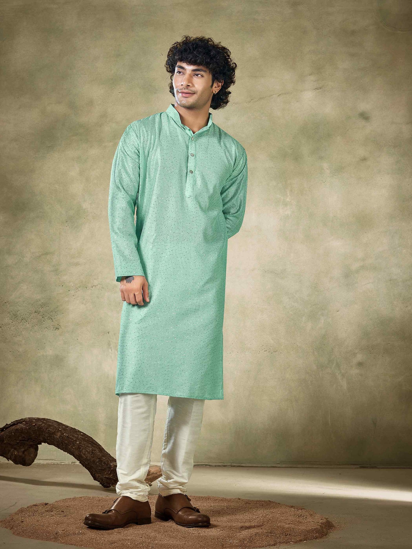 Green Viscose Sequence Traditional Men's Kurta