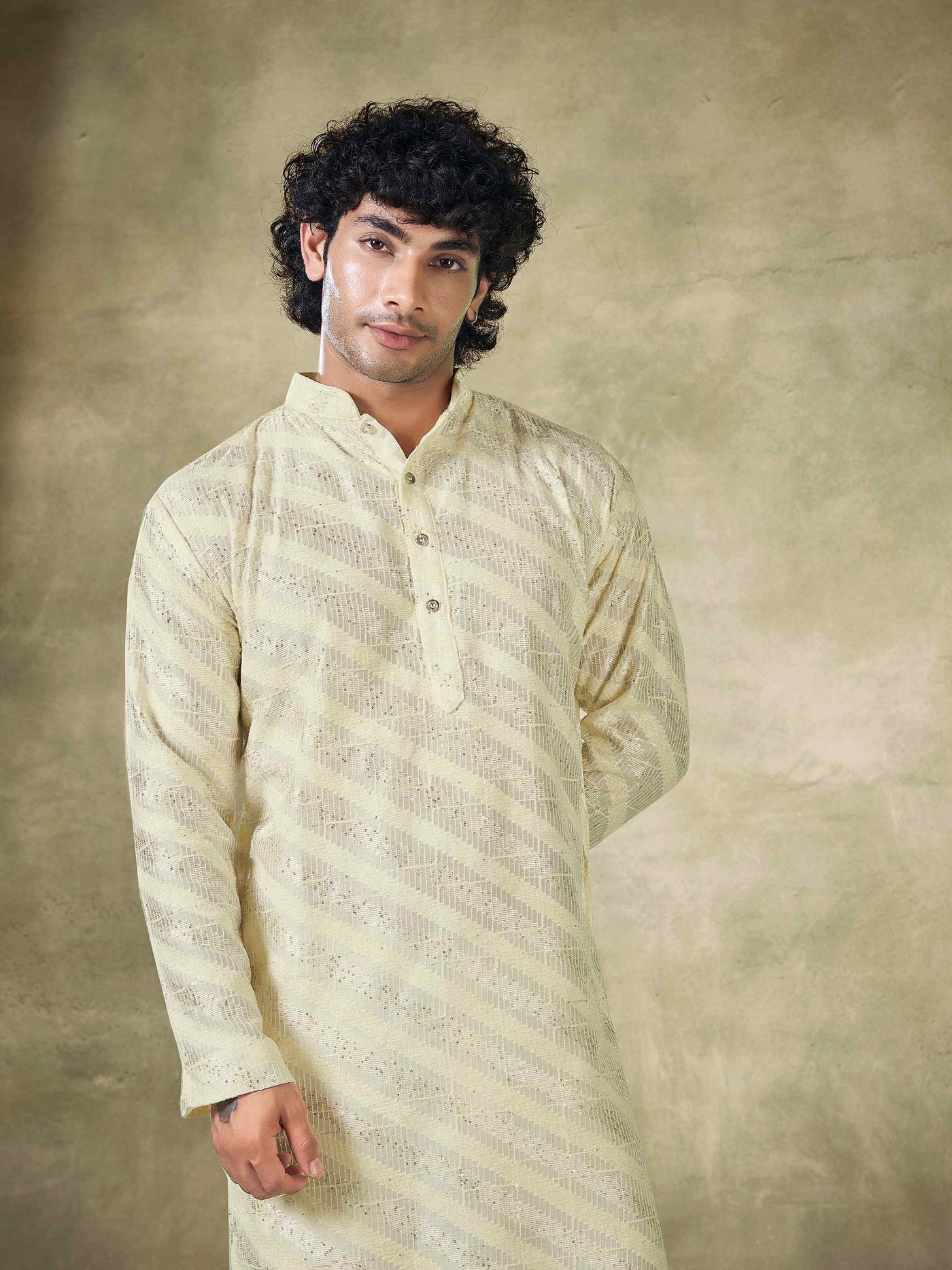 White Viscose Sequence Traditional Men's Kurta