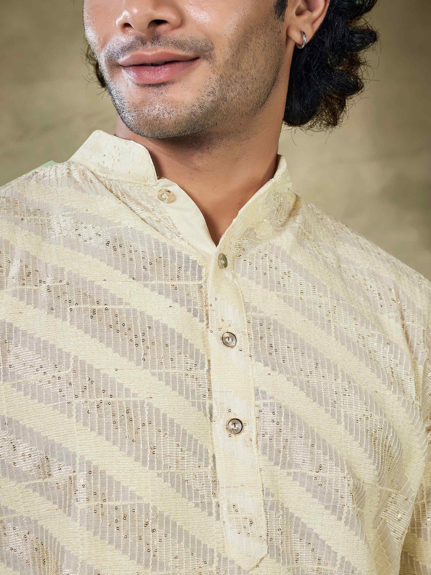 White Viscose Sequence Traditional Men's Kurta